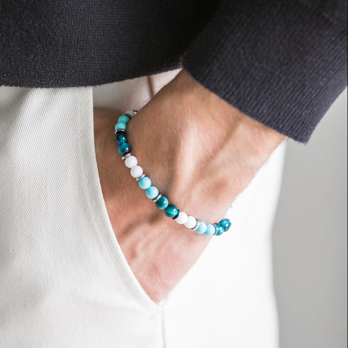 Bracciale Lungomare in occhio di tigre, howlite turchese e agata bianca
