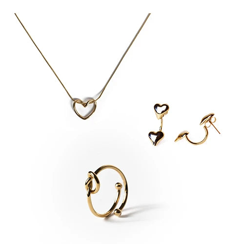 Set Irene | Collana Intreccio + Orecchini Cuoricini + Anello Intreccio