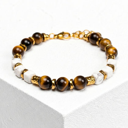 Safari-Armband aus braunem Tigerauge und weißem Howlith | 8mm