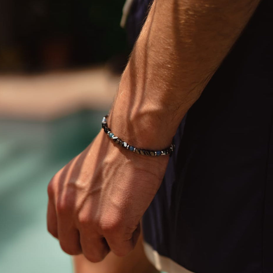 Bracciale Onda in Ematite e Occhio di Tigre / Apatite Blu oceano