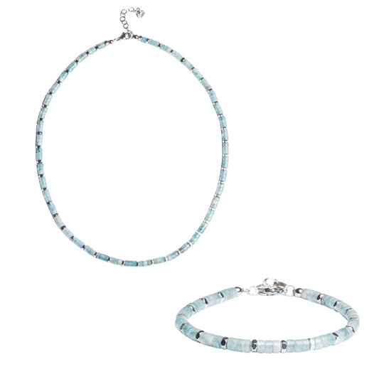 Set bracciale + collana Zenith in agata azzurra ed ematite chiara