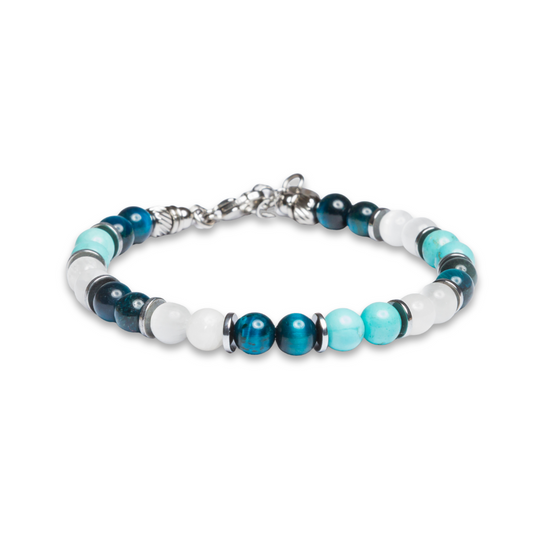 Bracciale Lungomare in occhio di tigre, howlite turchese e agata bianca