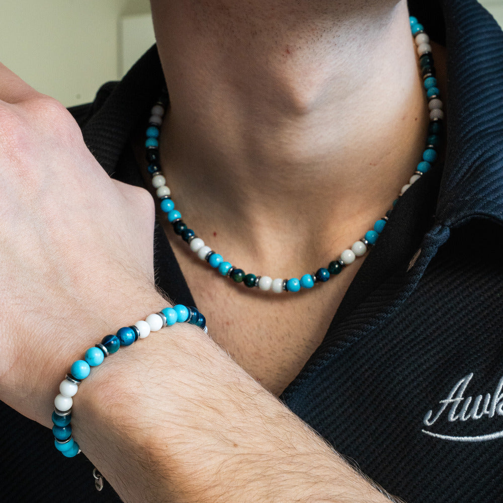 Set bracciale + collana Lungomare in howlite turchese, agata e occhio di tigre | 6mm