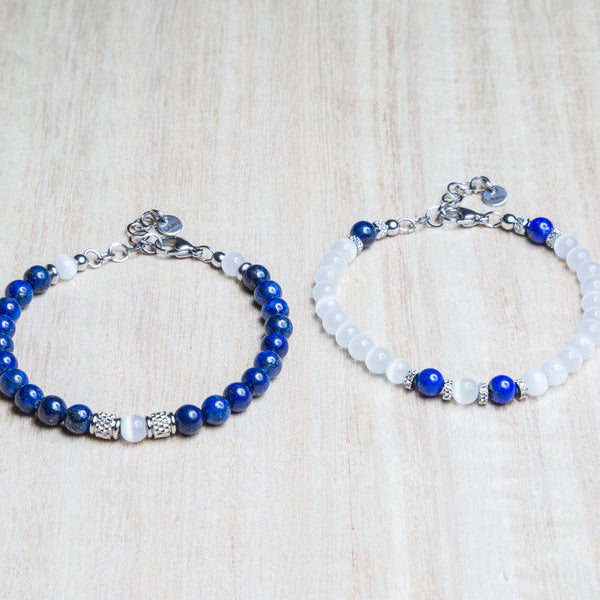 Coppia di bracciali in Lapislazzuli e cristallo occhio di gatto
