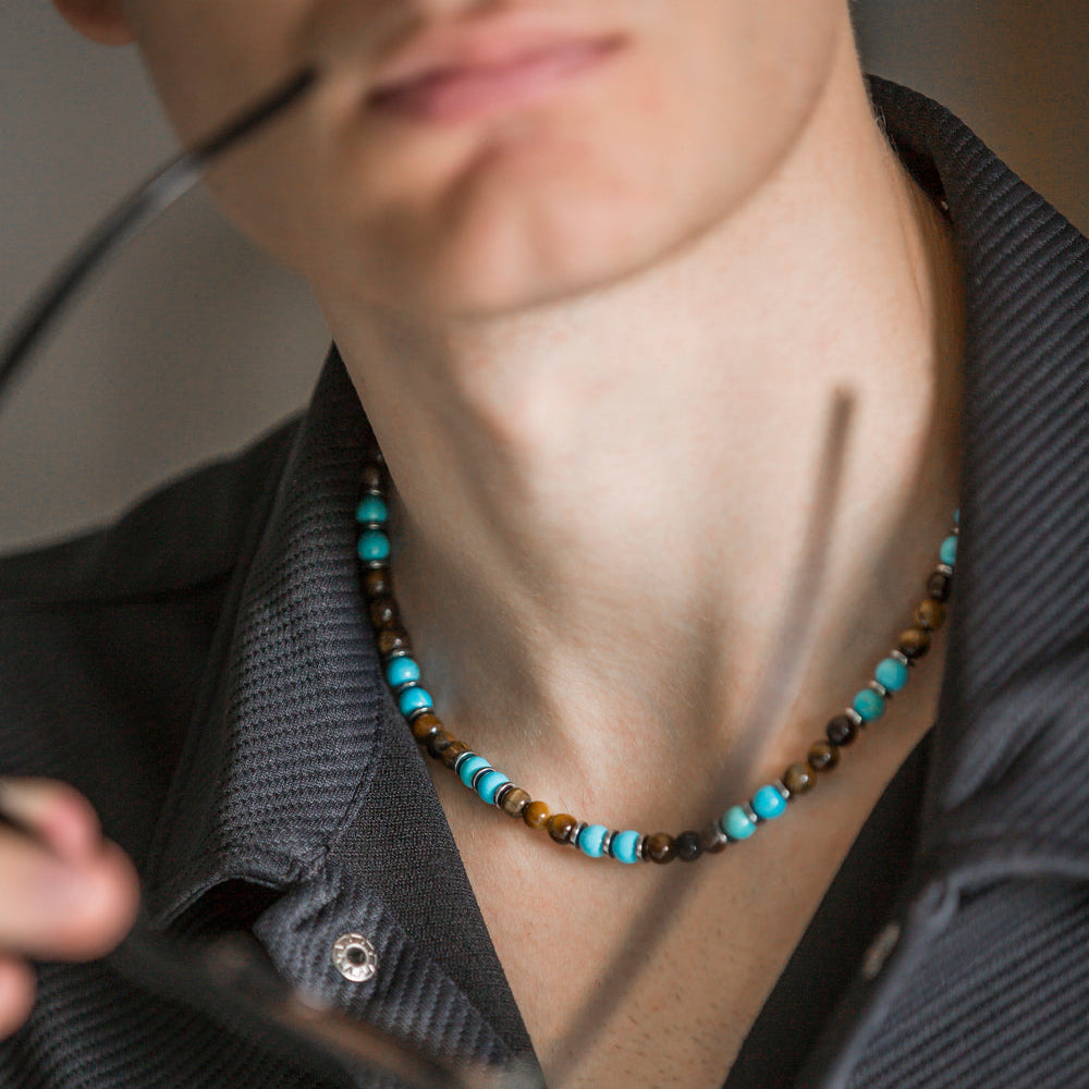Collana Respiro Mediterraneo in turchese e occhio di tigre