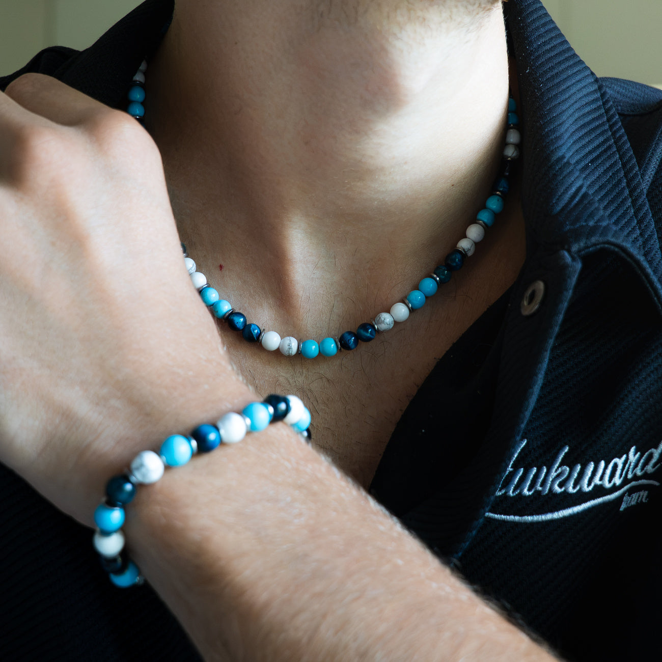 SET bracciale + collana Lungomare in howlite turchese, agata e occhio di tigre | 6mm