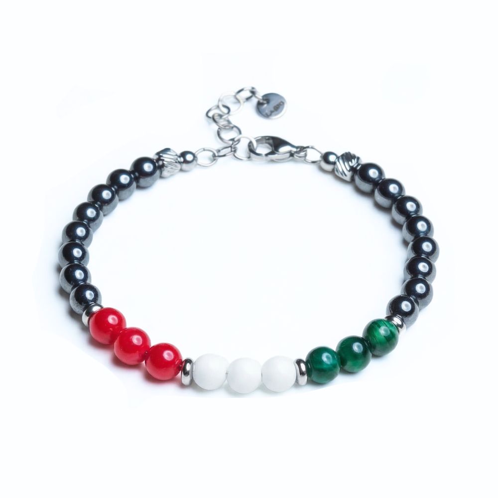 Bracciale Alpi in ematite, agata e occhio di tigre verde su sfondo bianco, Lab93Studio