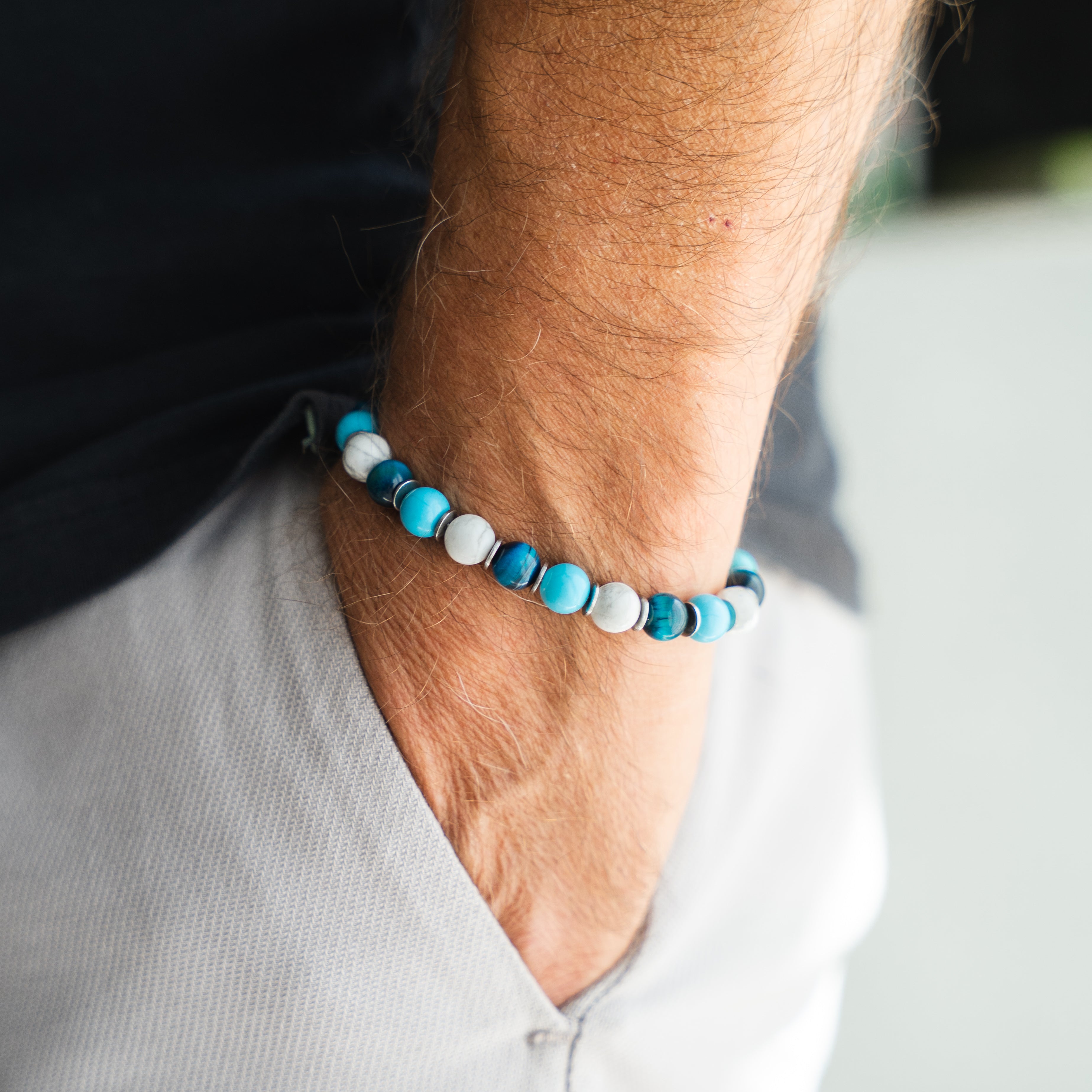 Bracciale Lungomare in occhio di tigre, howlite turchese e howlite bianca | 8mm | Nuovo
