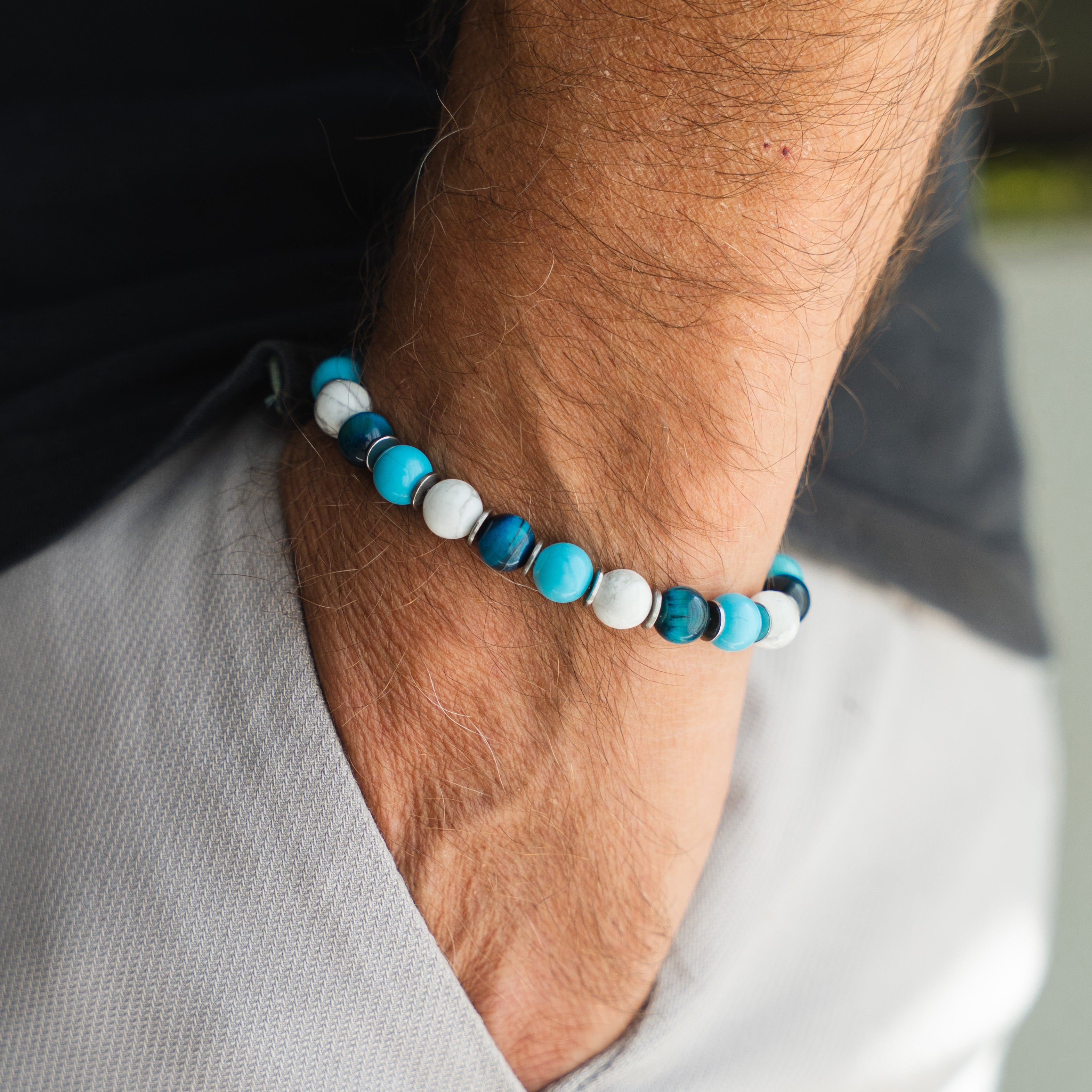 Bracciale Lungomare in occhio di tigre, howlite turchese e howlite bianca | 8mm | Nuovo