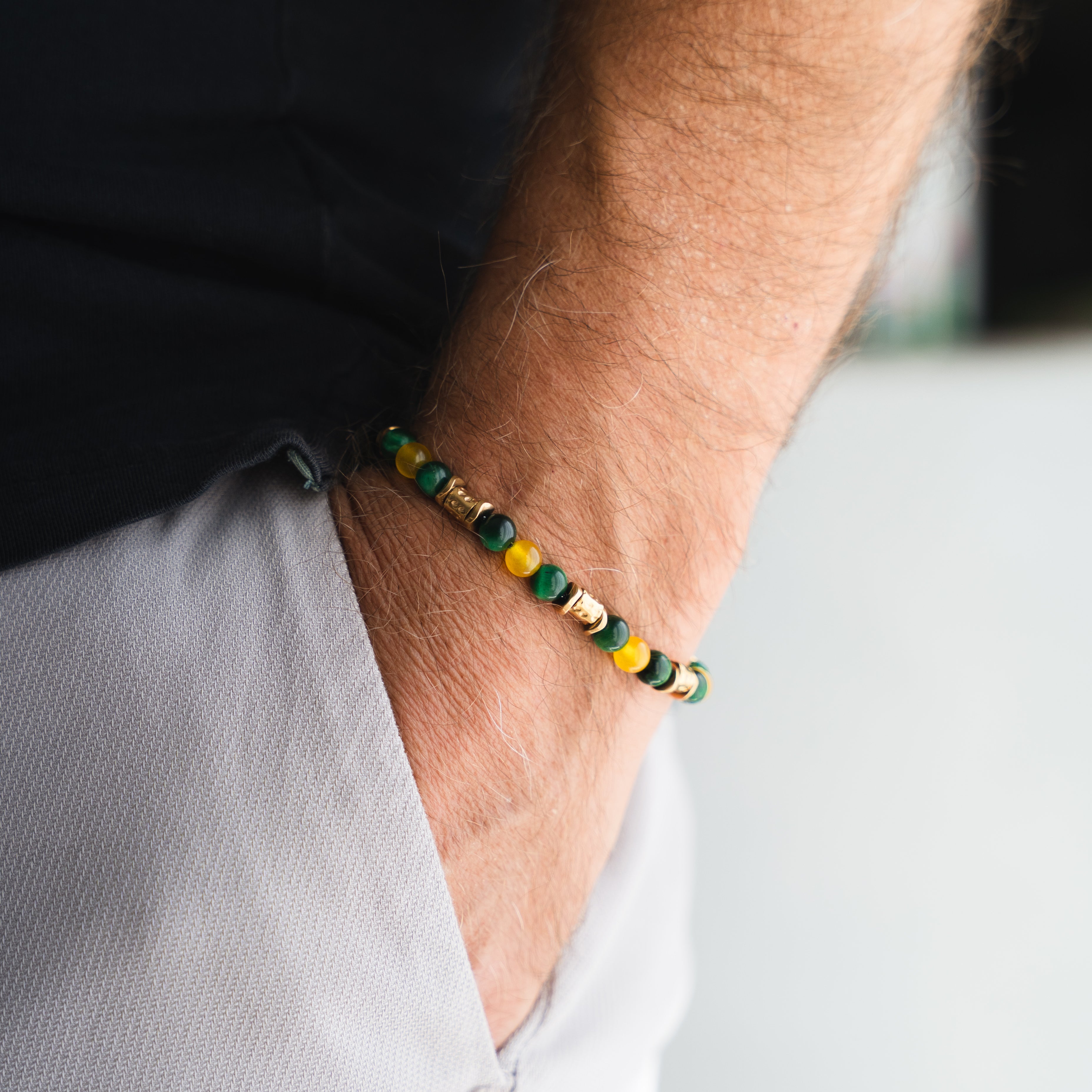 Bracciale Mojito in occhio di tigre verde e giada gialla | 6mm | Nuovo
