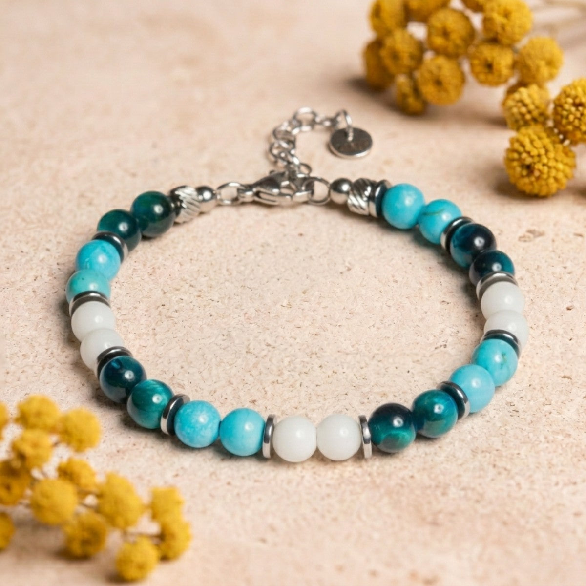 Bracciale Lungomare in howlite turchese, agata bianca e occhio di tigre | donna 6mm