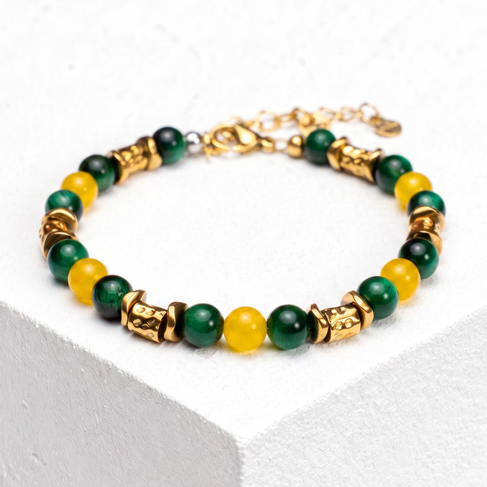Bracciale Mojito in occhio di tigre verde e giada gialla | 6mm | Nuovo