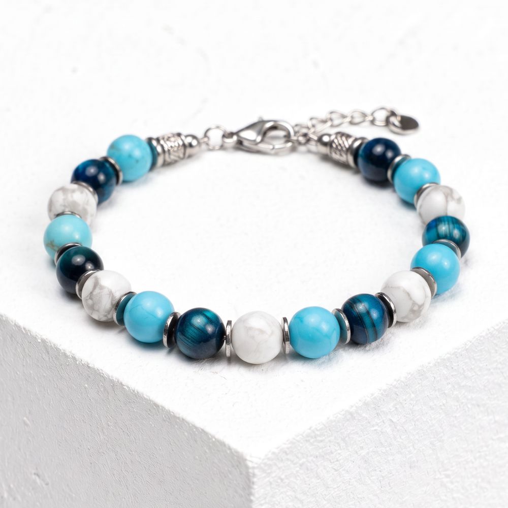 Bracciale Lungomare in occhio di tigre, howlite turchese e howlite bianca | 8mm | Nuovo