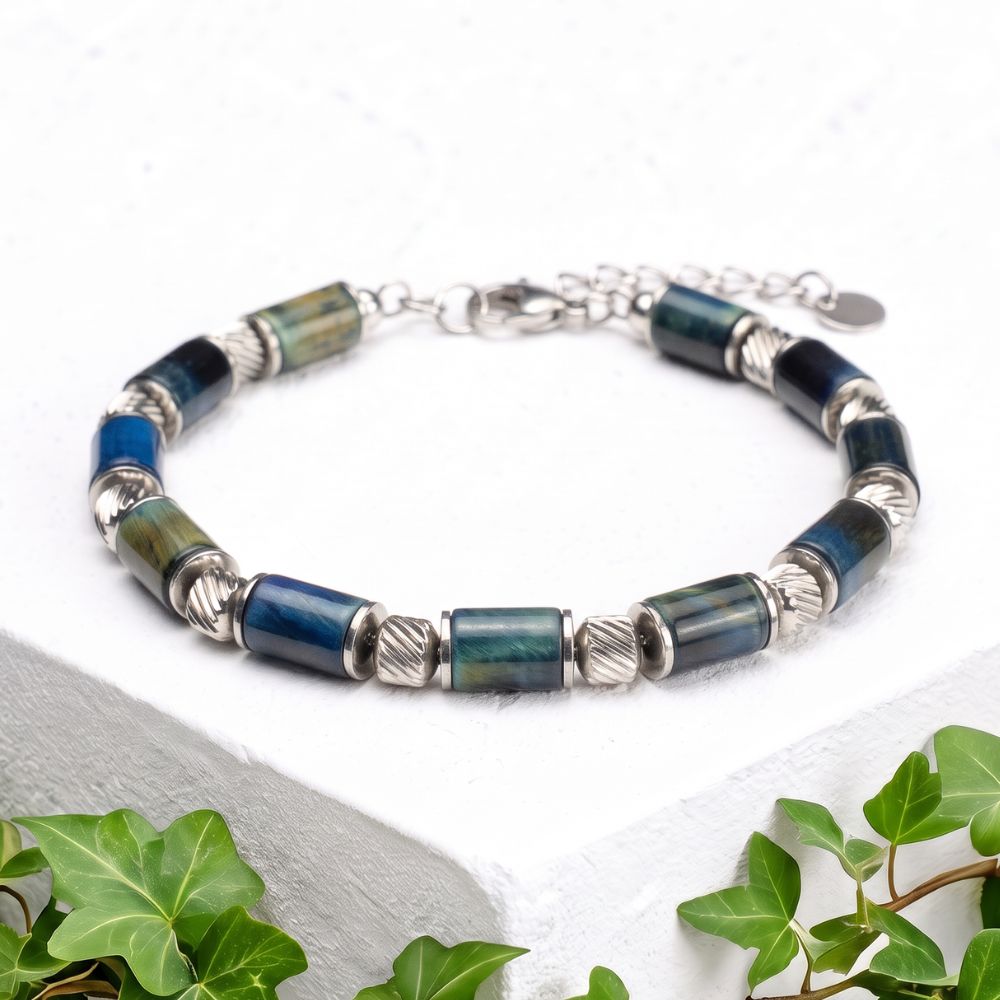 Bracciale Crepuscolo in occhio di tigre blu ed ematite | 6mm