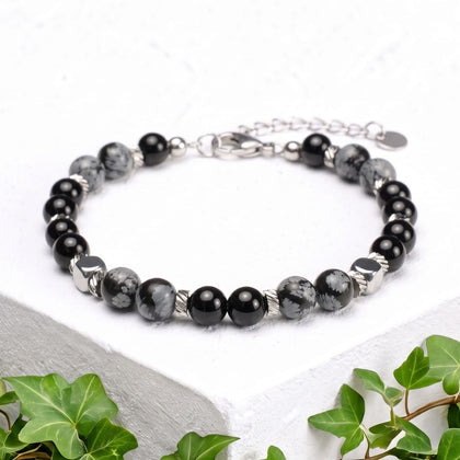 Armband „Fiocco“ aus Schneeflocken-Obsidian und Onyx | 6mm
