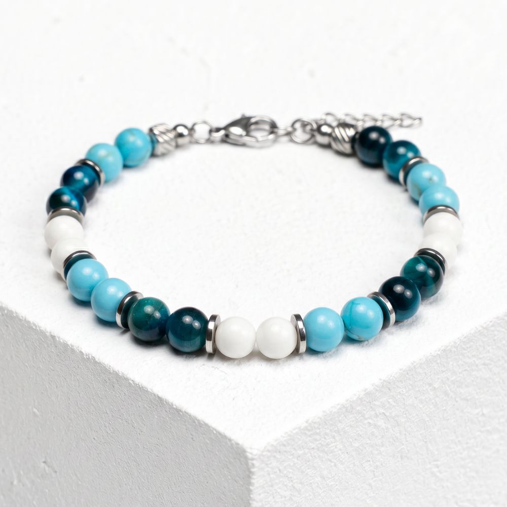 Bracciale Lungomare in occhio di tigre, howlite turchese e agata bianca | 6mm