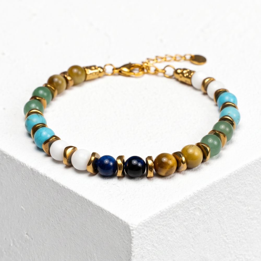 Bracciale Macaron in howlite turchese, agata, occhio di tigre e avventurina | 6mm