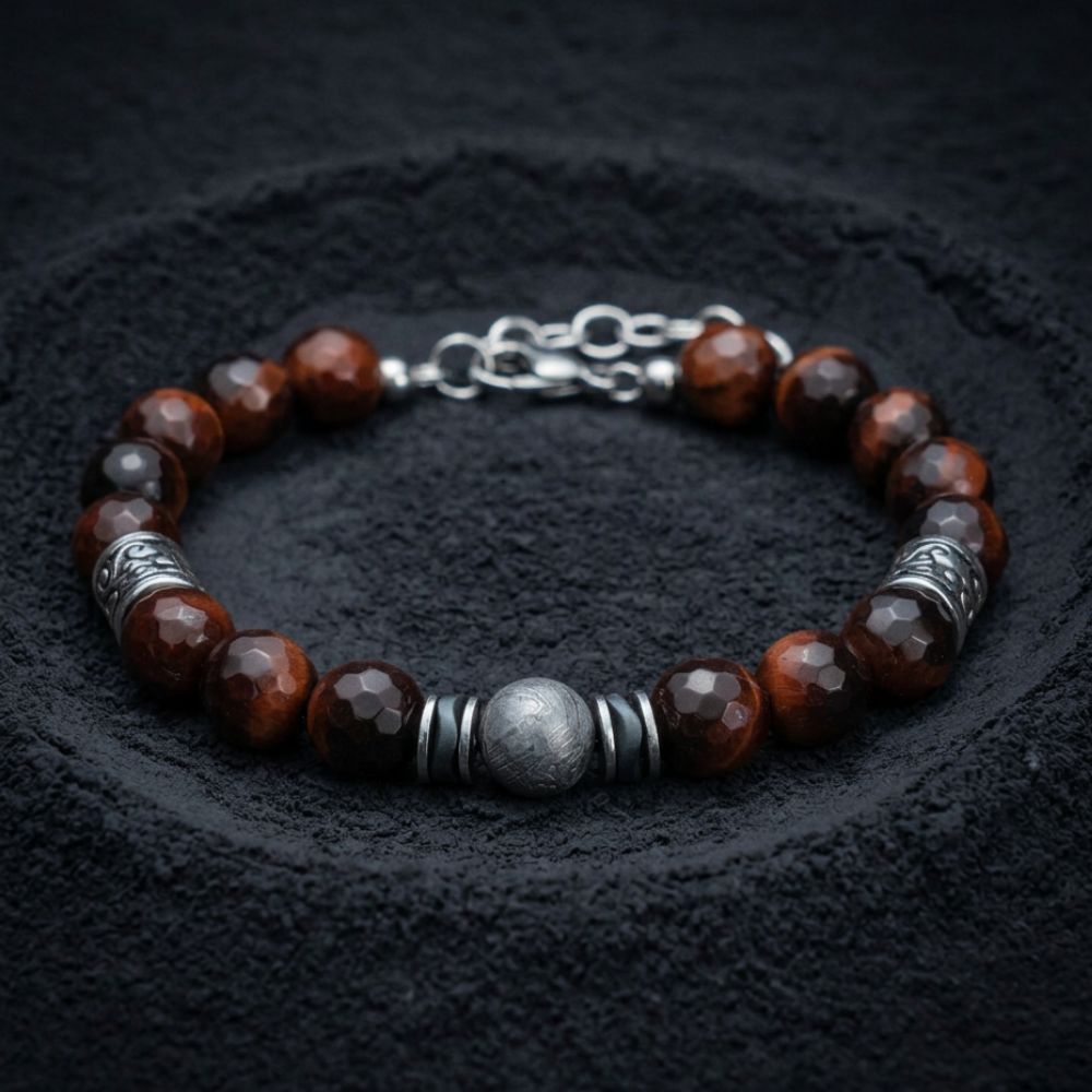 Bracciale Orione in meteorite e occhio di tigre rosso | 8mm