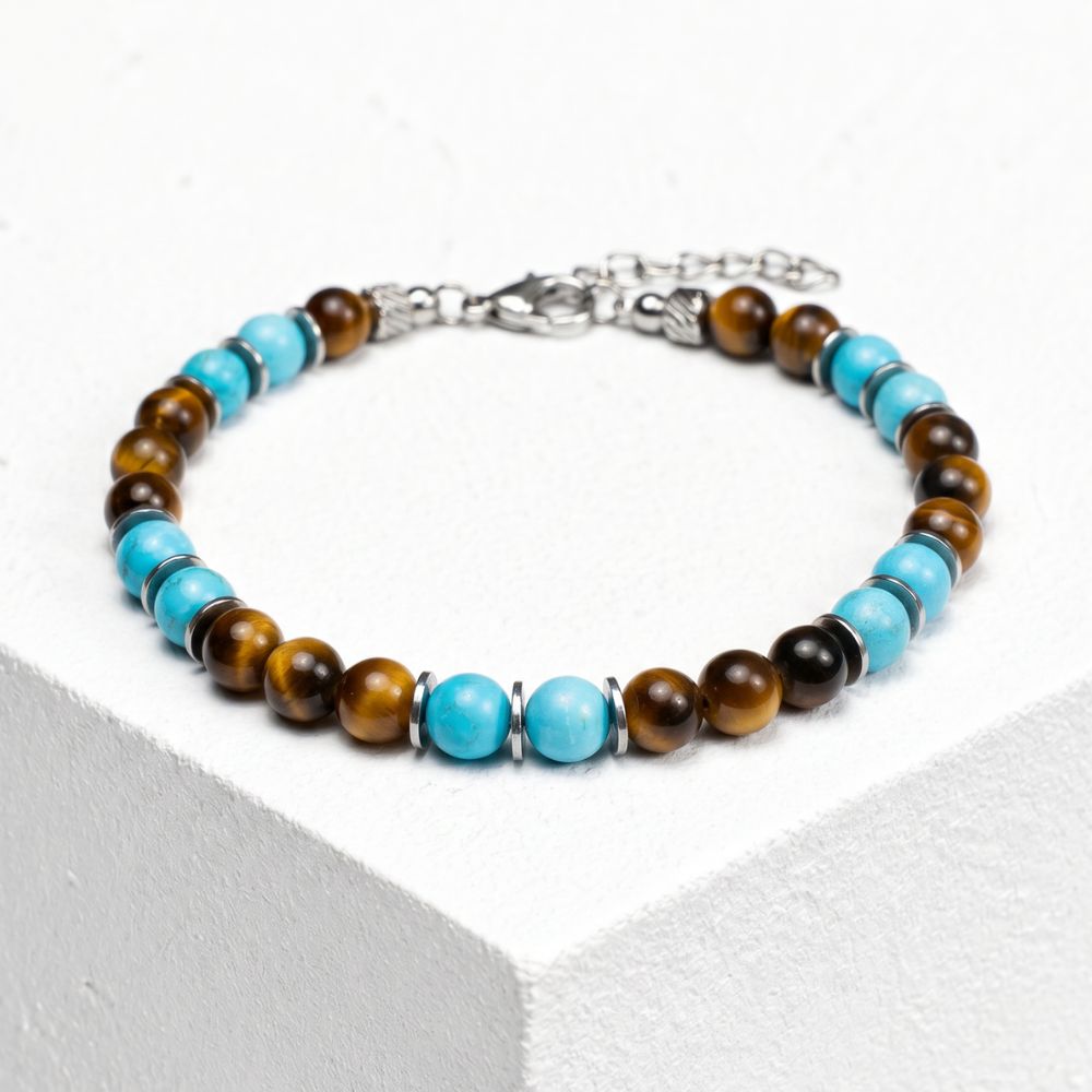 Bracciale Respiro Mediterraneo in Occhio di tigre e Howlite turchese | 6mm