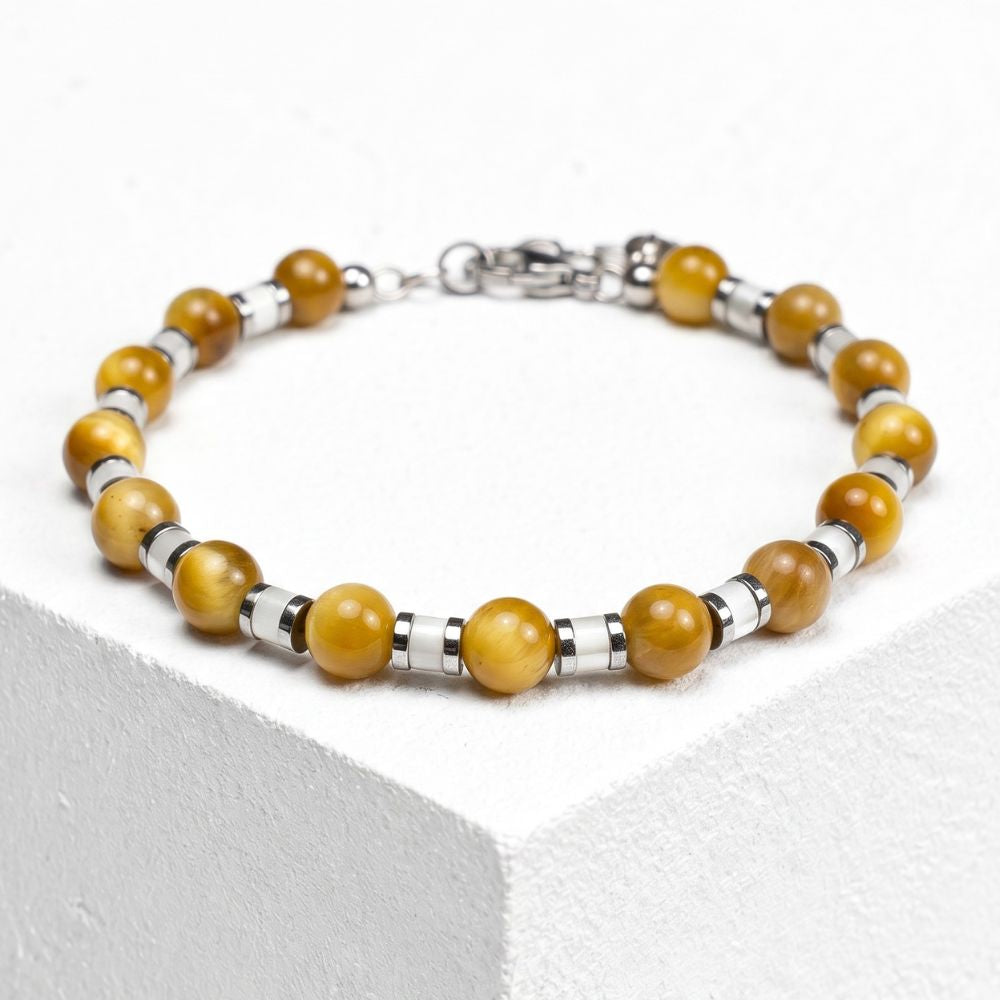 Bracciale Sabbia in occhio di tigre giallo e madreperla bianca | 4-6mm