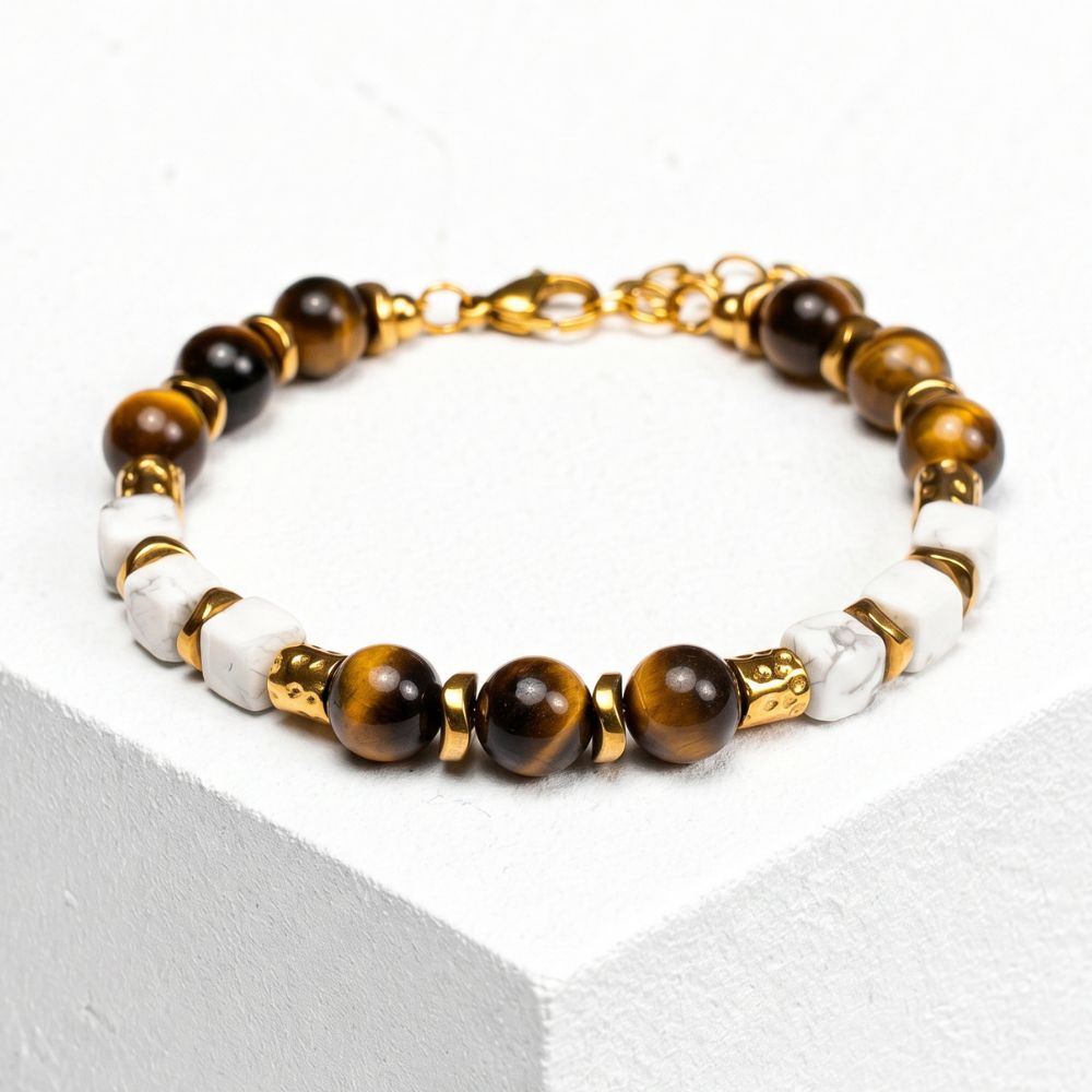 Bracciale Safari in occhio di tigre marrone e howlite bianca | 8mm