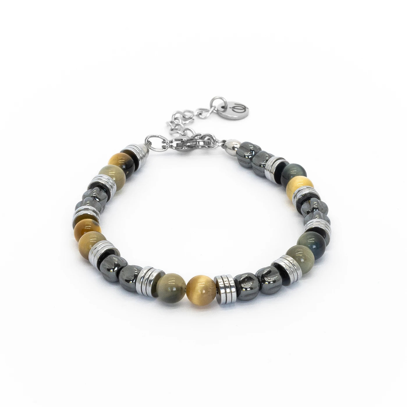 Bracciale Bacaro artigianale in ematite e occhio di tigre su sfondo bianco, Lab93Studio