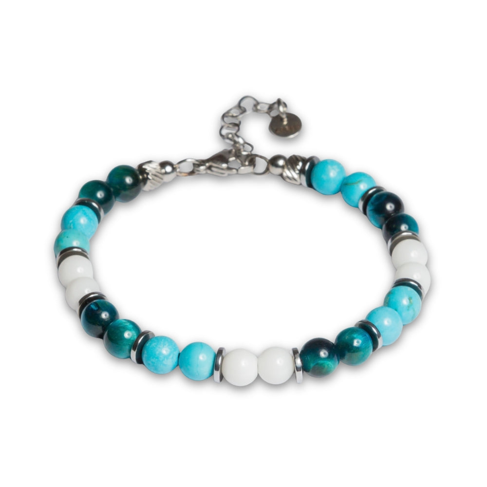 Bracciale Lungomare in occhio di tigre blu, howlite turchese e agata bianca su sfondo bianco, Lab93Studio