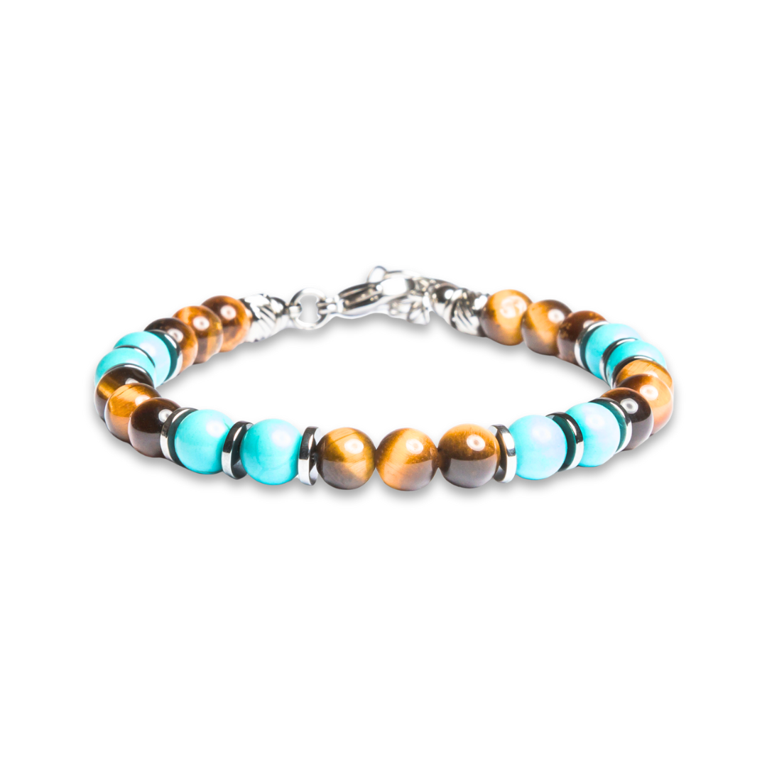 Bracciale Respiro Mediterraneo in occhio di tigre e howlite turchese su sfondo bianco, Lab93Studio