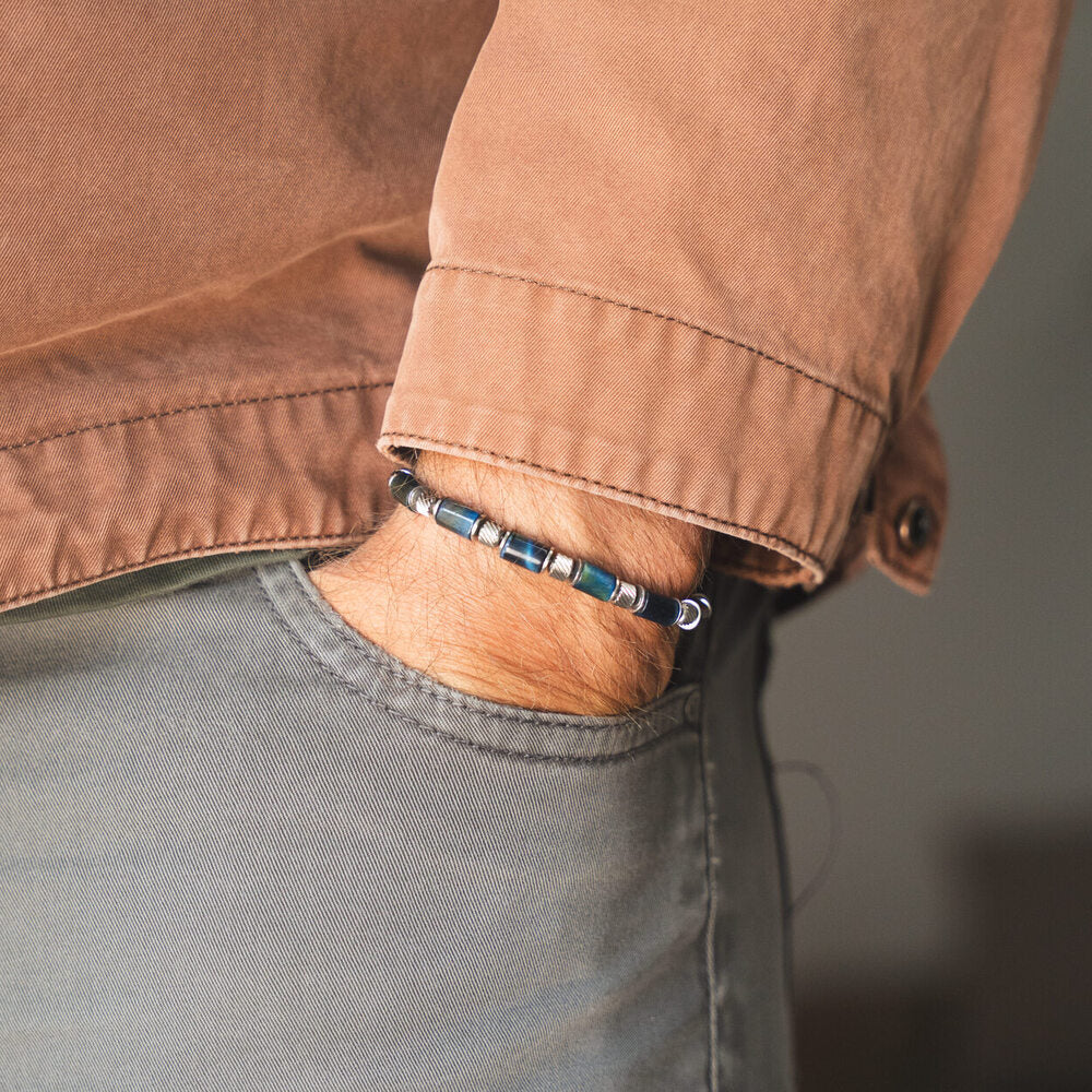 Bracciale Crepuscolo in occhio di tigre blu ed ematite | 6mm