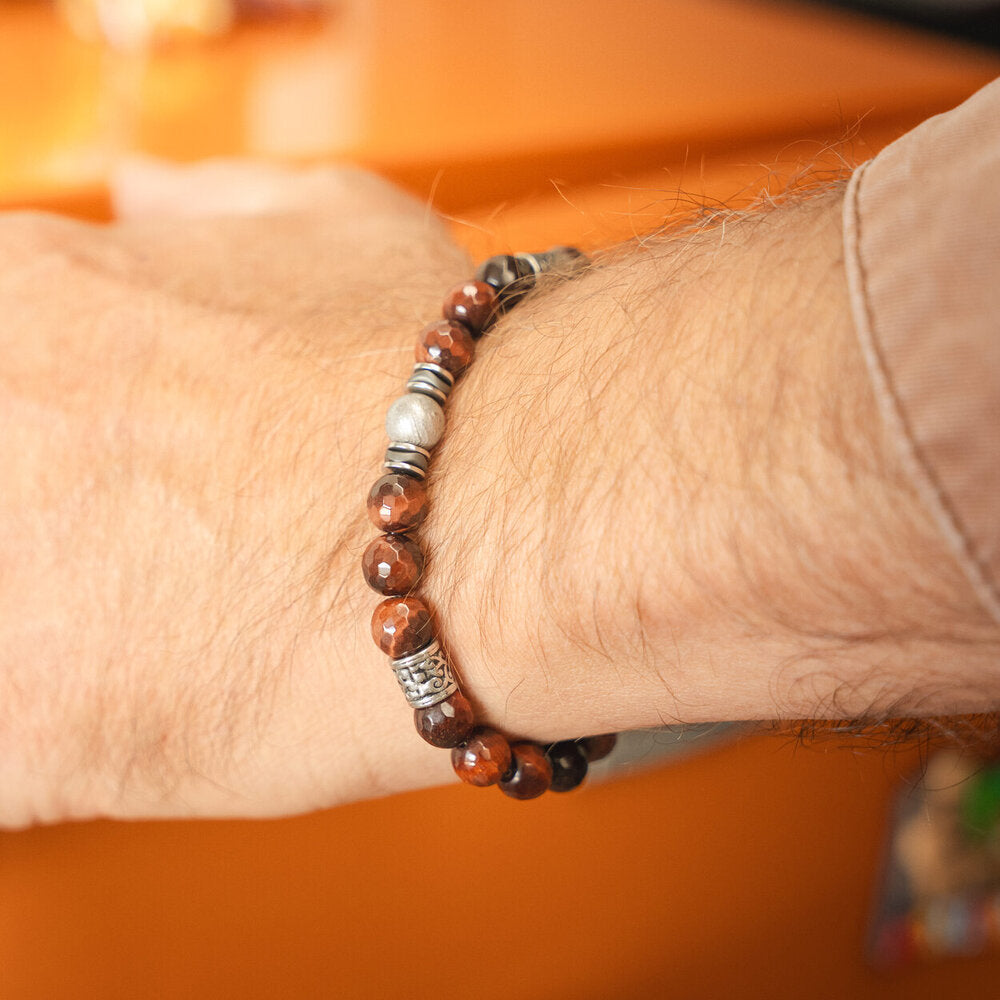 Bracciale Orione in meteorite e occhio di tigre rosso | 8mm