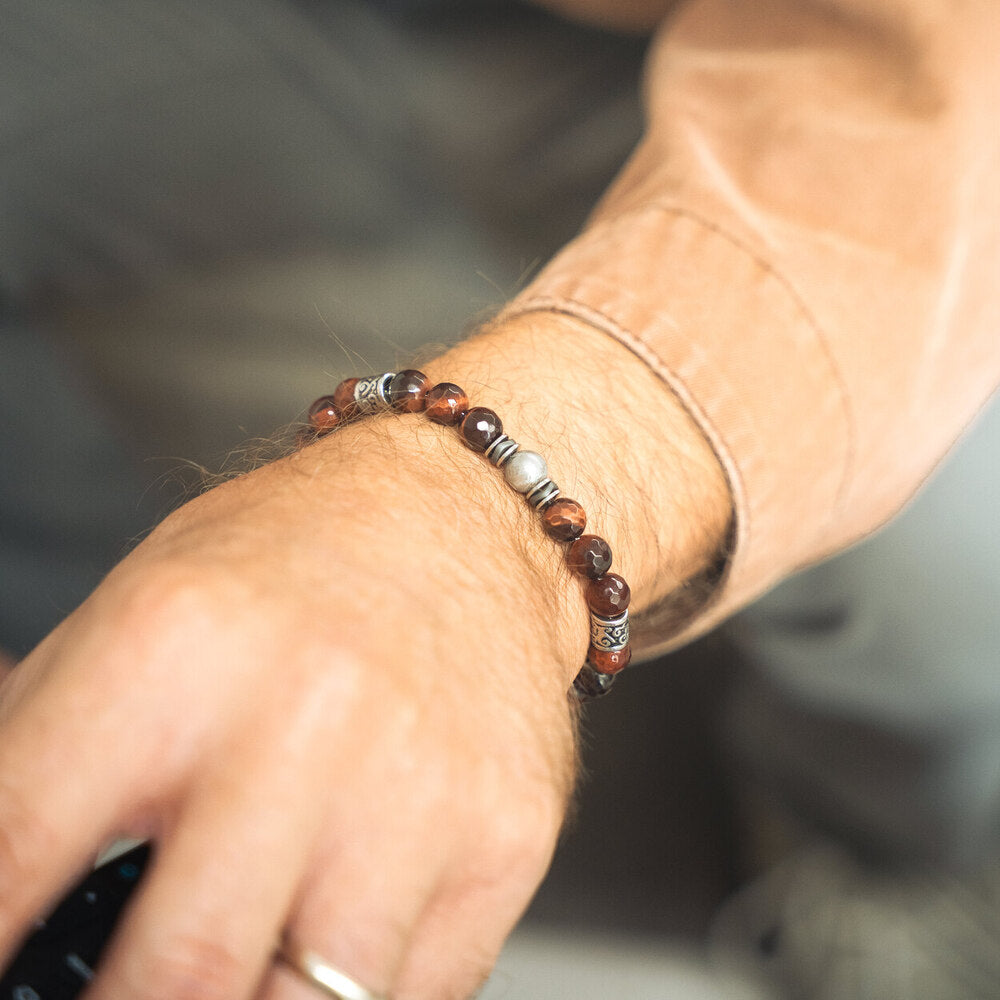 Bracciale Orione in meteorite e occhio di tigre rosso | 8mm