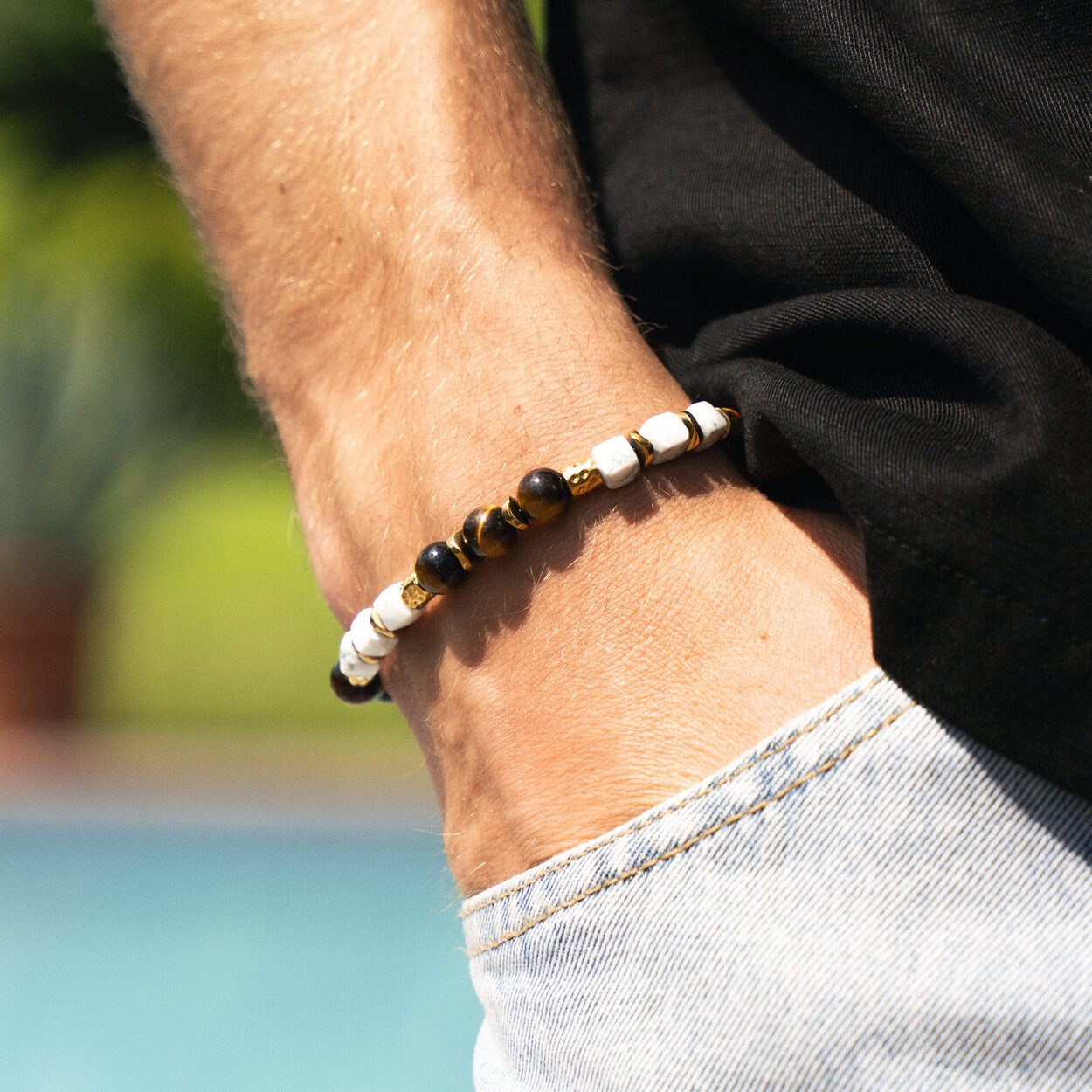 Bracciale Safari in occhio di tigre marrone e howlite bianca | 8mm