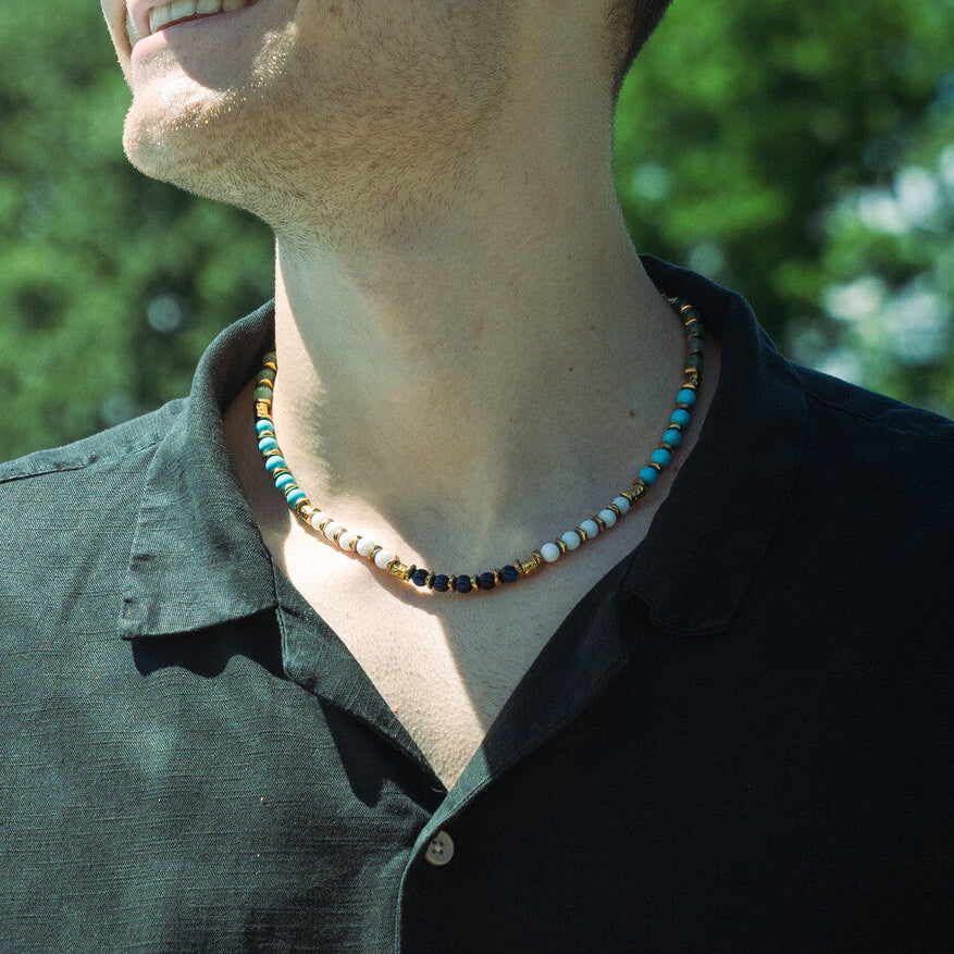 Collana Macaron in howlite turchese, agata bianca, occhio di tigre e avventurina | 6mm | 47cm