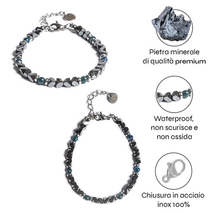 Bracciale Onda in Ematite e Occhio di Tigre Blu oceano