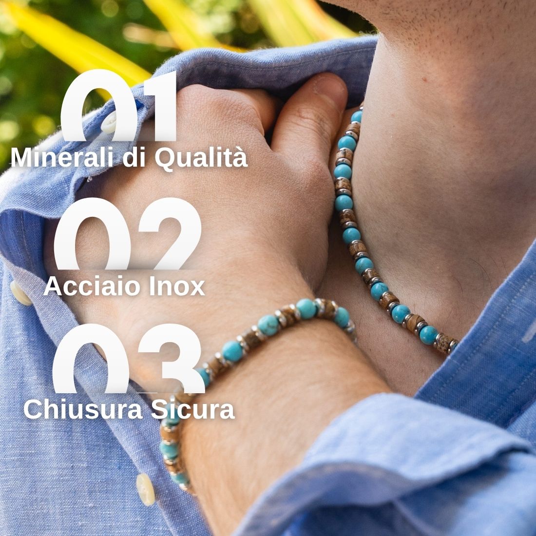 SET bracciale + collana Lungomare in howlite turchese, agata e occhio di tigre | 6mm