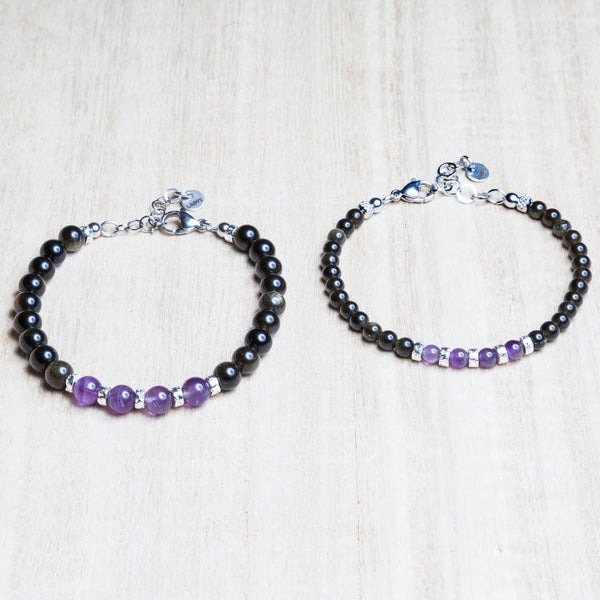 Coppia di bracciali in ossidiana e ametista