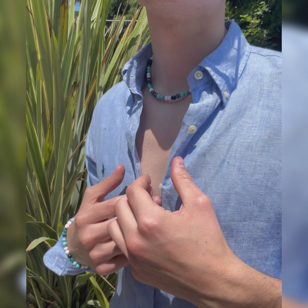 Carica video: SET bracciale + collana Lungomare in howlite turchese, agata e occhio di tigre | 6mm