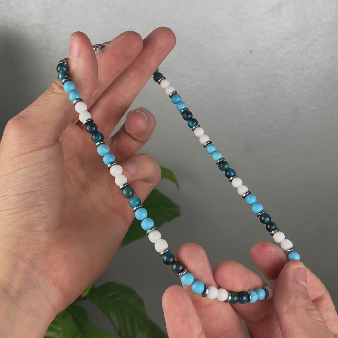 Carica video: Collana Lungomare in howlite turchese, agata e occhio di tigre | 6mm