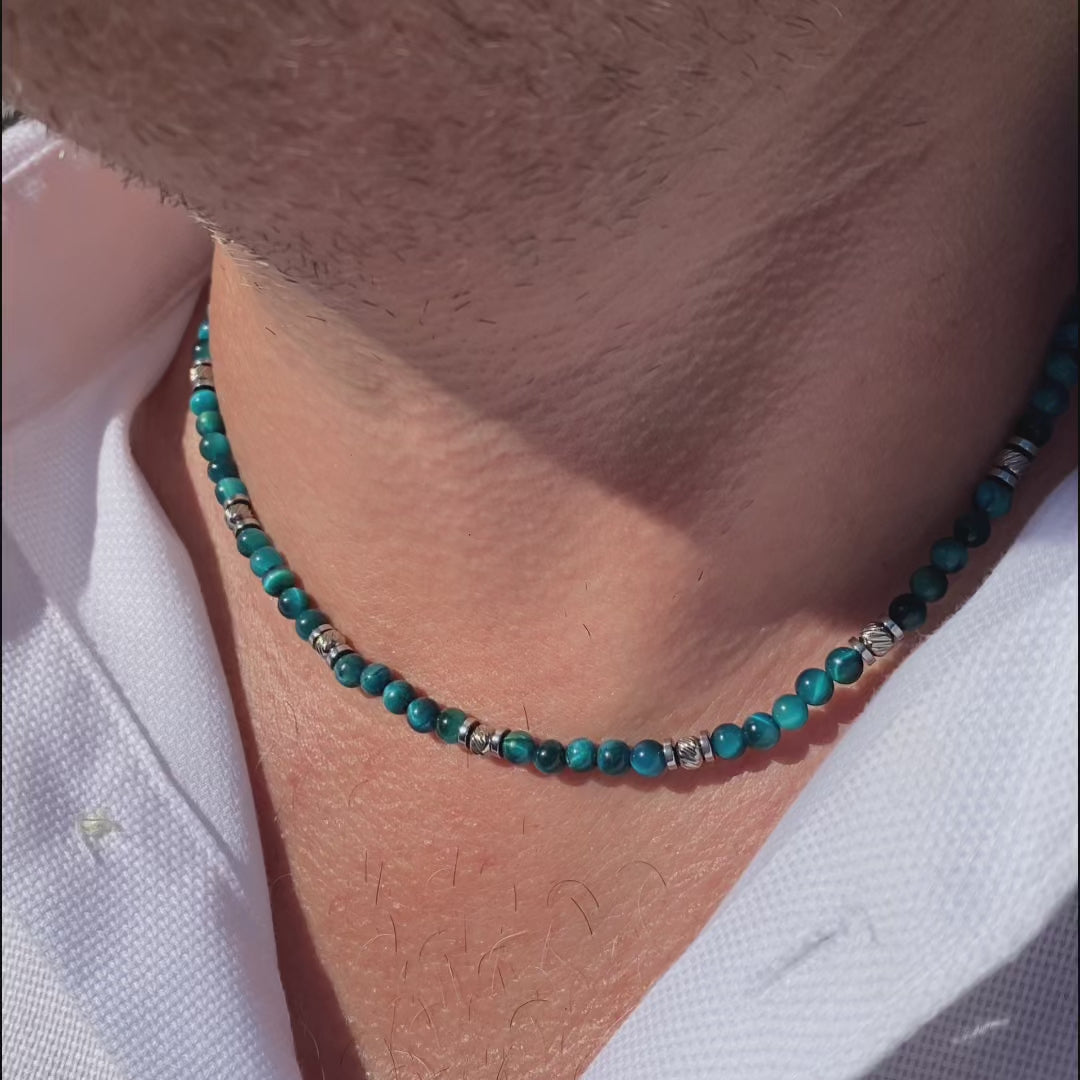 Carica video: Collana Essenza in occhio di tigre azzurro