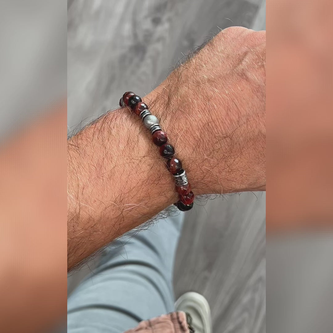 Carica video: Bracciale Orione in meteorite e occhio di tigre rosso | 8mm