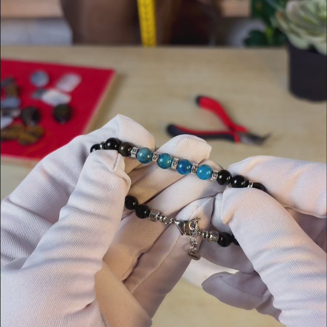Carica video: Bracciale in apatite e ossidiana | 6mm
