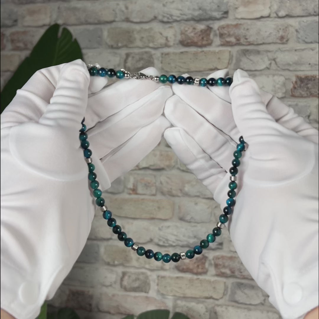 Carica video: Collana Doge in occhio di tigre | Blu zaffiro 6mm