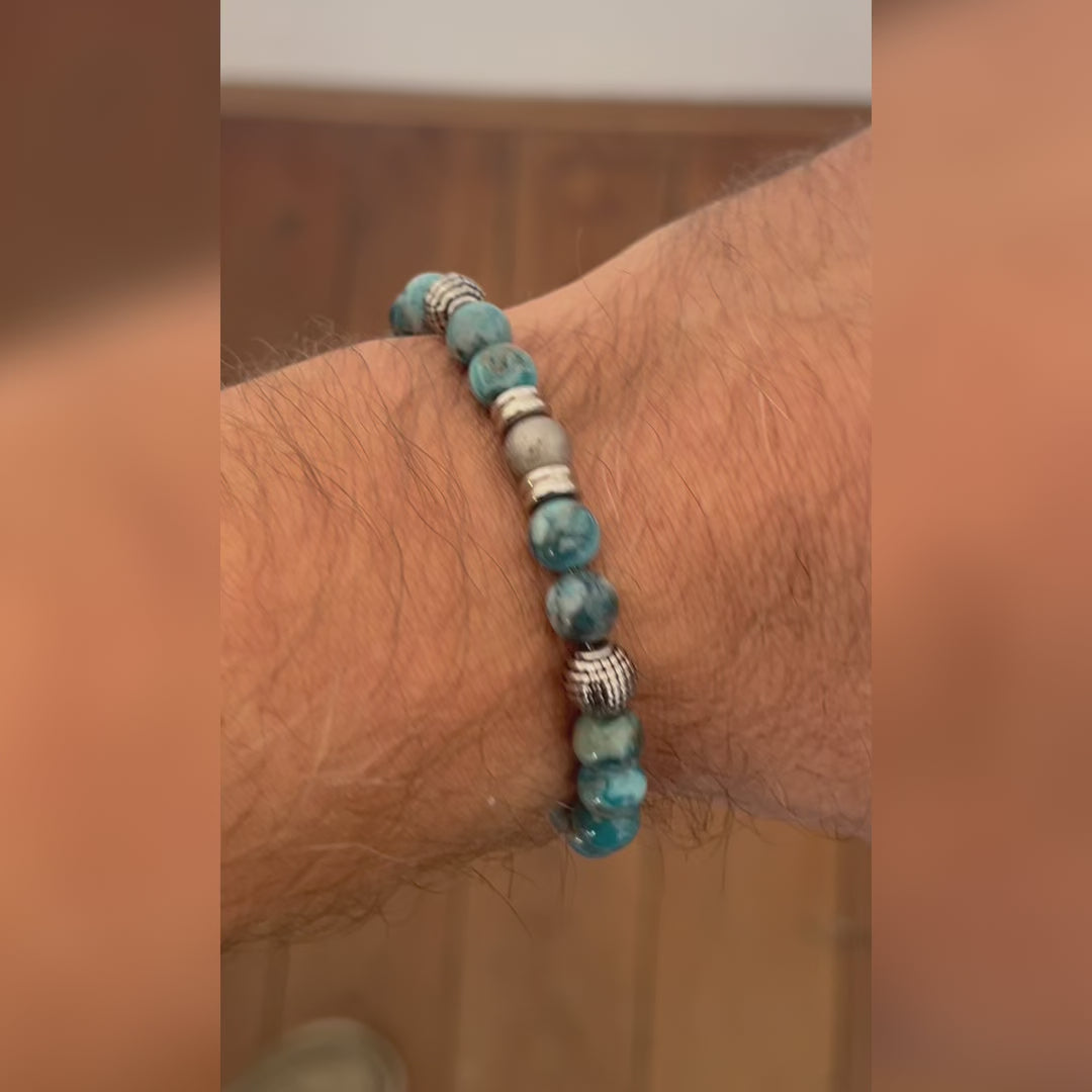 Carica video: Bracciale Astra in meteorite e agata | 8mm