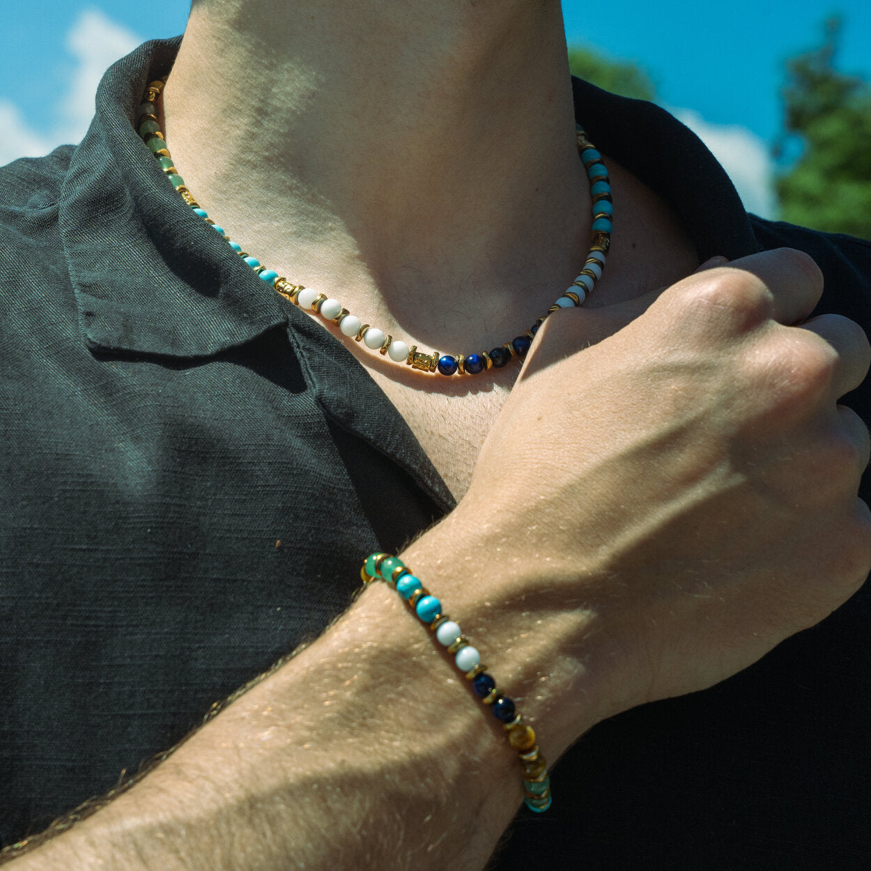 SET bracciale + collana Macaron in howlite turchese, agata bianca, occhio di tigre e avventurina | 6mm