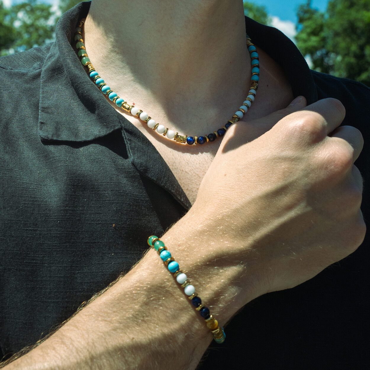 SET bracciale + collana Macaron in howlite turchese, agata bianca, occhio di tigre e avventurina | 6mm