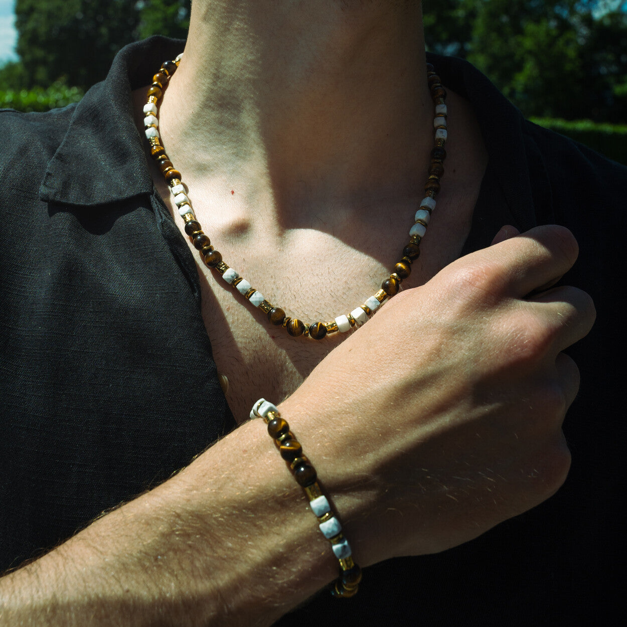 SET bracciale + collana Safari in occhio di tigre marrone e howlite bianca | 8mm