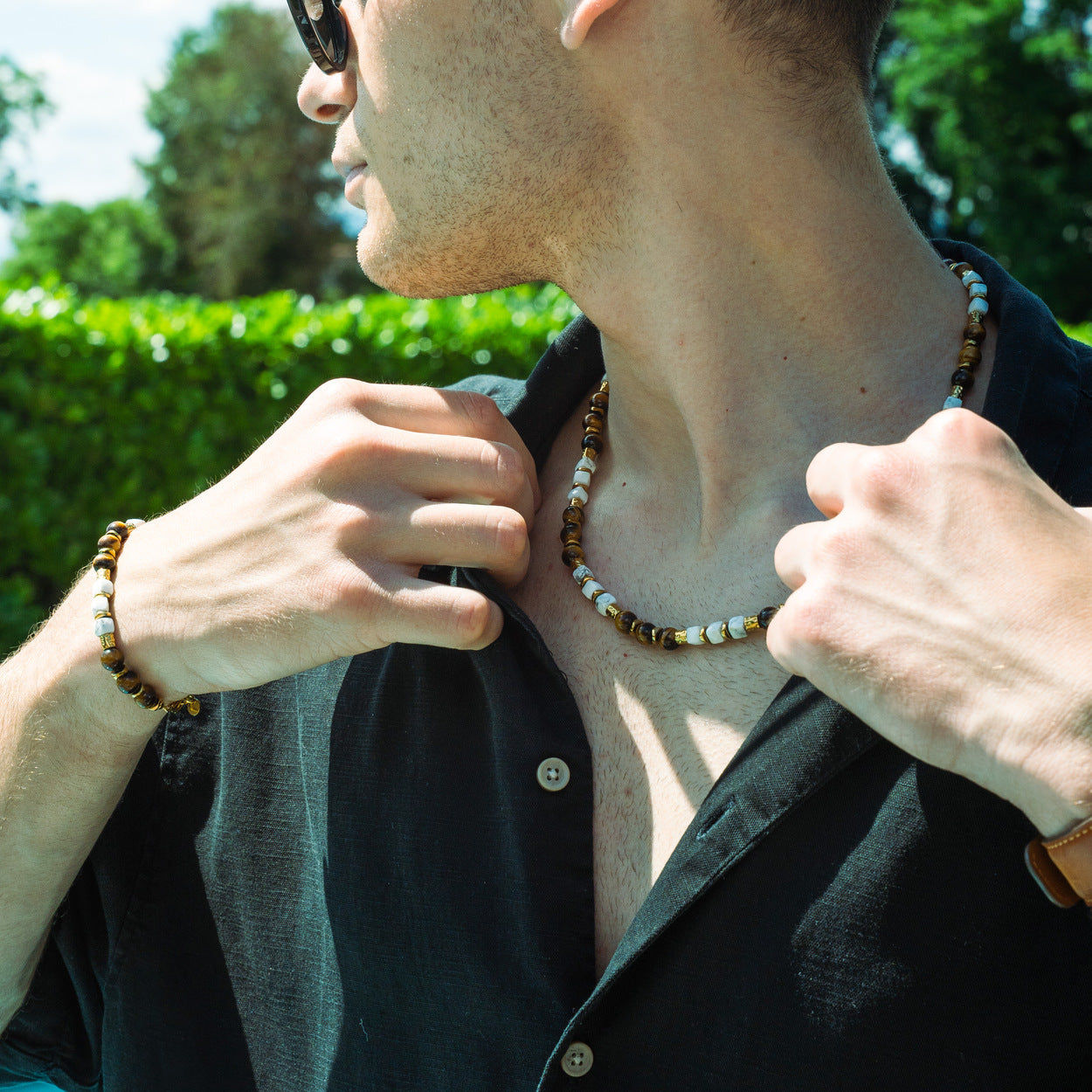SET bracciale + collana Safari in occhio di tigre marrone e howlite bianca | 8mm