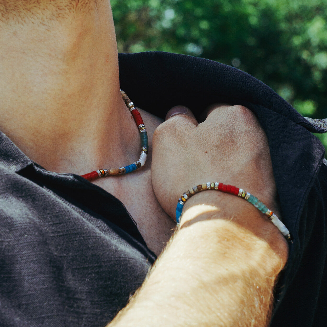 SET bracciale + collana Tropical in quarzo azzurro, agata rossa, avventurina, madreperla bianca e diaspro | 4mm