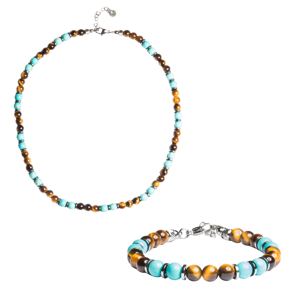 Set bracciale e collana Respiro Mediterraneo in occhio di tigre e turchese su sfondo bianco, Lab93Studio