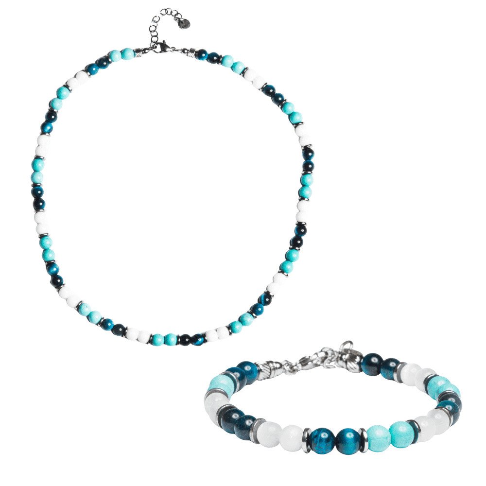 Set Lungomare artigianale in howlite turchese, agata e occhio di tigre su sfondo bianco, collana e bracciale, Lab93Studio